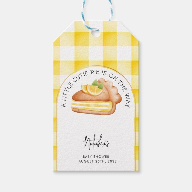 Little Cutie Paj Gult Gingham Play Baby Shower Presentetikett (Framsidan)