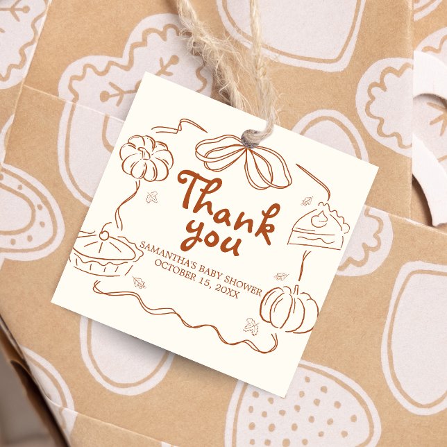 Little Cutie Paj Pumpkin Baby Shower Square Gåvor Etiketter (Hand Drawn Little Cutie Pie Baby Shower Favor Tags)