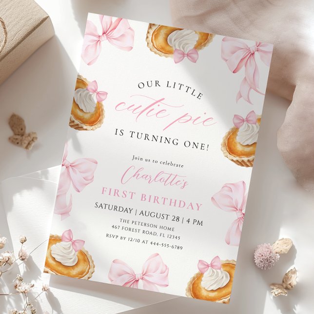 Little Cutie Paj Rosa Bow Första födelsedag Inbjudningar (Skapare uppladdad)