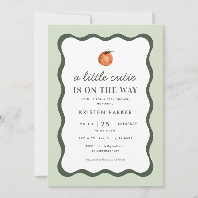 Little Cutie Squiggle Tangerine Baby Shower Invita Inbjudningar (Framsida)