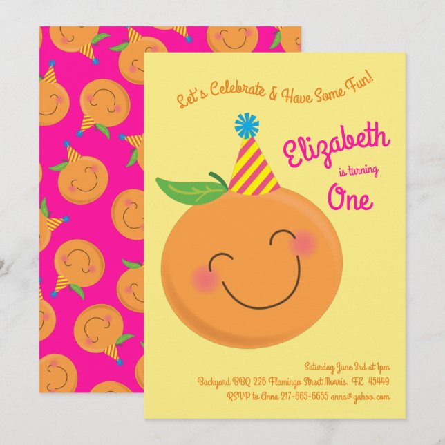 Little Cutie Tangerine Cute Kids 1st Birthday Inbjudningar (Fram/baksida)