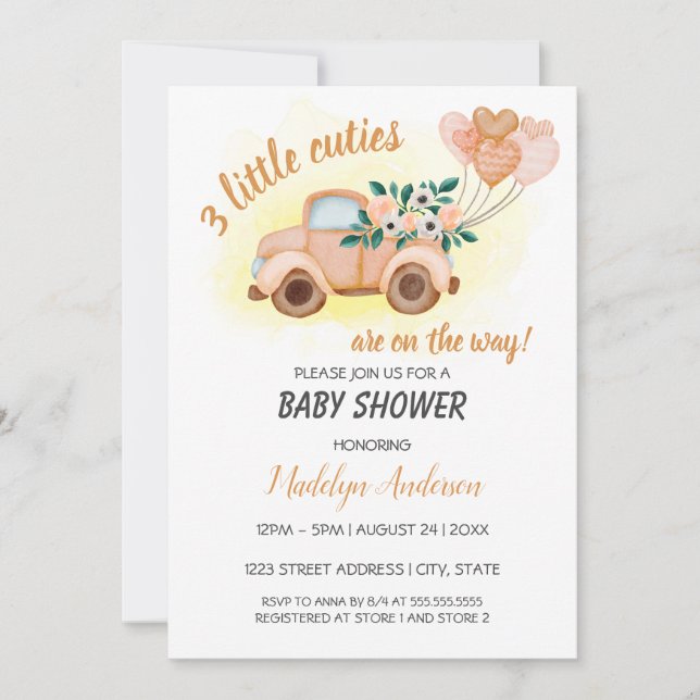 Little Cuties Vintage Lastbil Triplets Baby Shower Inbjudningar (Framsida)