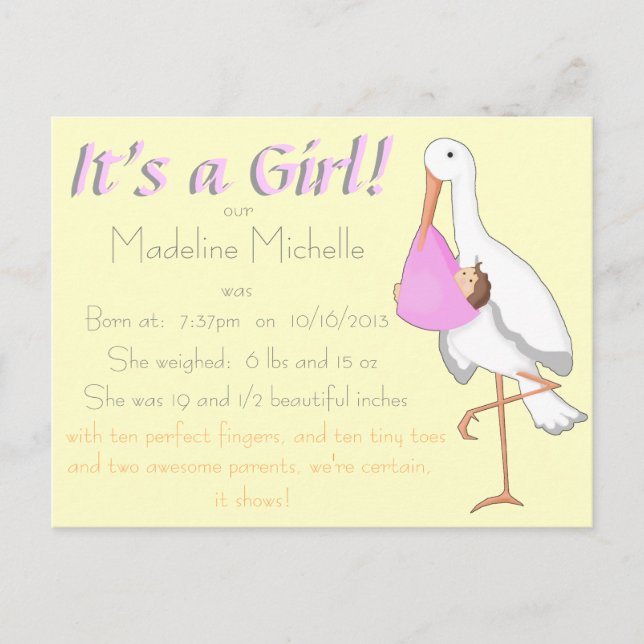 "Little Delivery" Personlig Birth Notice Meddelande Vykort (Framsida)