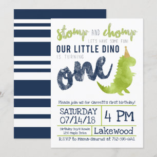 Little Dino First Birthday Dinosaur-temat Boy Navy Inbjudningar