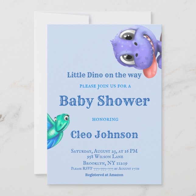 Little Dino på Way Blue Boy Shower Invita Inbjudningar (Framsida)
