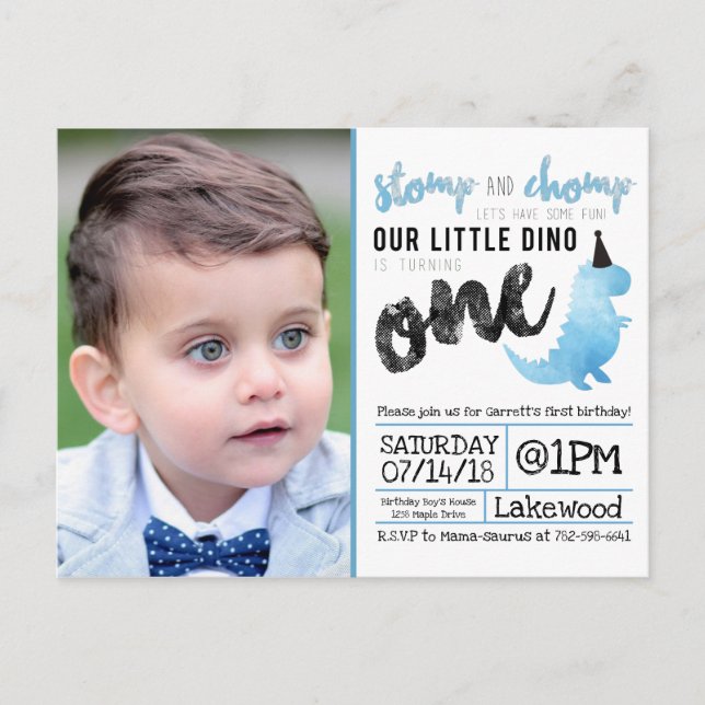 Little Dinosaur Birthday Theme Blue Dinosaur Dino Vykort (Framsida)