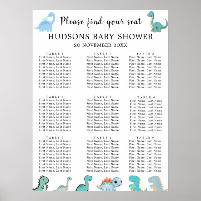 Little Dinosaur Cute Baby Shower Seating Charts Poster (Framsidan)
