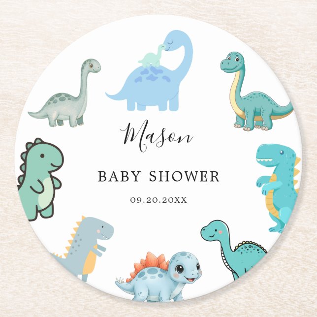 Little Dinosaur Cute Baby Shower Underlägg Papper Rund (Framsidan)