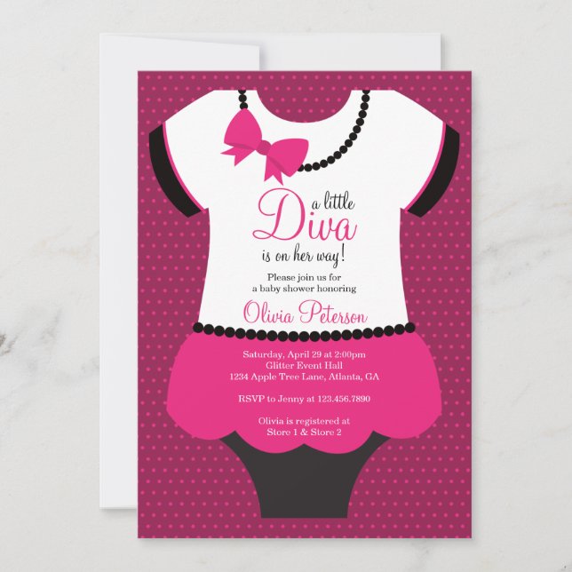 Little Diva Baby Shower-inbjudan, Rosa, svart Inbjudningar (Framsida)