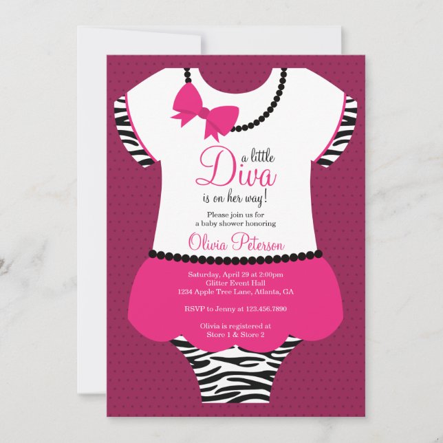 Little Diva Baby Shower-inbjudan, Zebra, Rosa Inbjudningar (Framsida)
