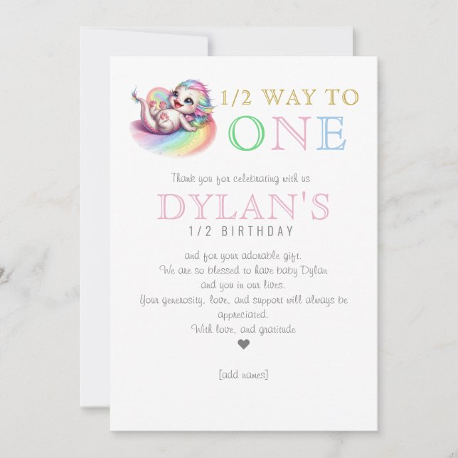 Little Dragon Halfway till 1 Rosa 6 månads födelse Tack Kort (Framsida)