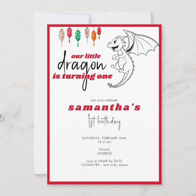 Little Dragon Red Baby Dragon 1:a födelsedagen Par Inbjudningar (Framsida)