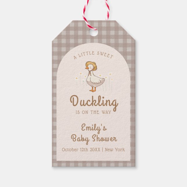 Little Duckling Farmhouse Gingham Baby Shower Presentetikett (Framsidan)