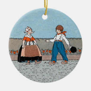 Little Dutch Girl Boy Wooden Shoes Red Tulips Julgransprydnad Keramik