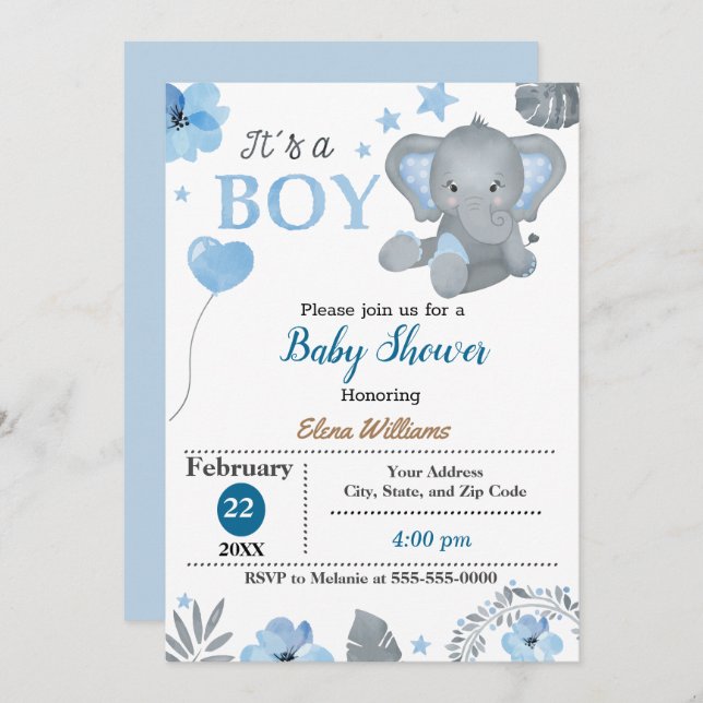 Little Elephant Baby Shower Inbjudningar (Fram/baksida)