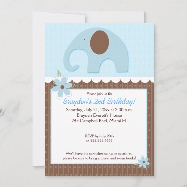 Little Elephant (Blue) 5x7 Boy Birthday-inbjudan Inbjudningar (Framsida)