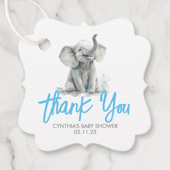 Little Elephant Blue Grått Baby Shower Tack Gåvor Etiketter (Framsida)