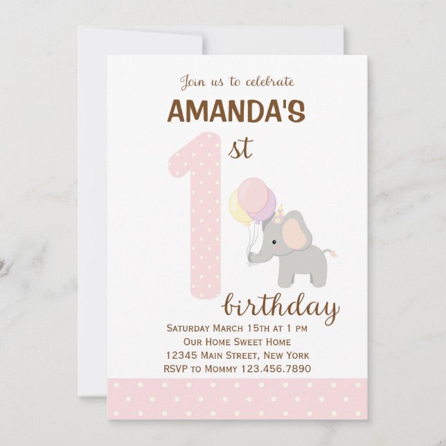 Little Elephant First Birthday Call (Rosa) Inbjudningar (Framsida)