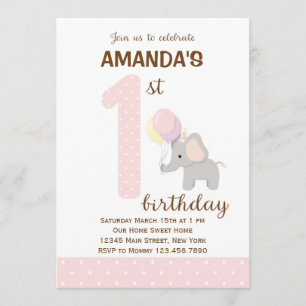 Little Elephant First Birthday Call (Rosa) Inbjudningar