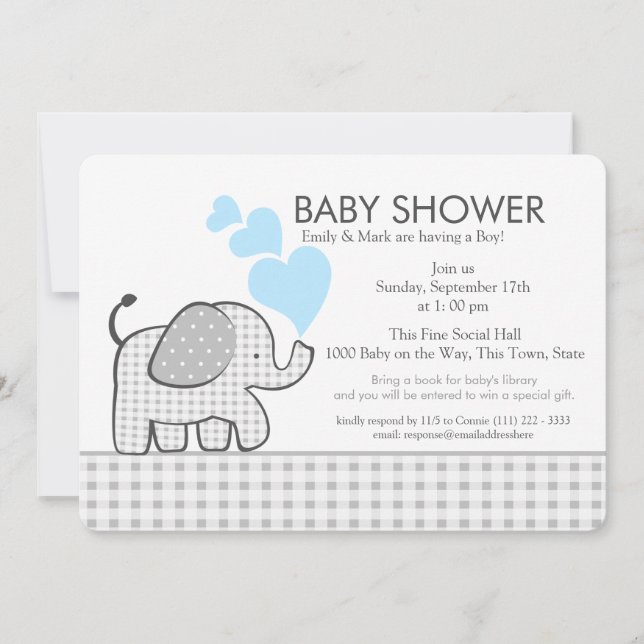 Little Elephant Gingham och Blue Baby Shower Inbjudningar (Framsida)