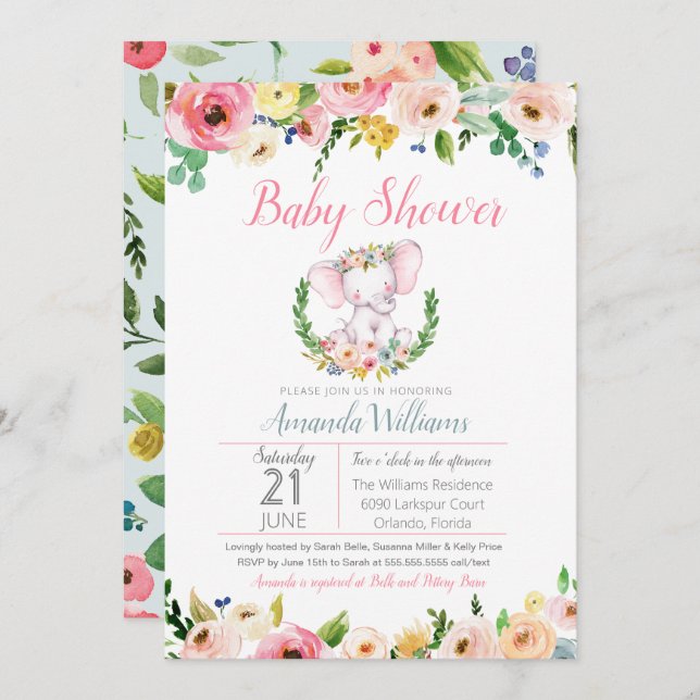 Little Elephant Vår Summer Flowers Baby Shower Inbjudningar (Fram/baksida)