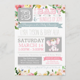 Little Elephant Watercolor Blommigt Baby Shower Inbjudningar
