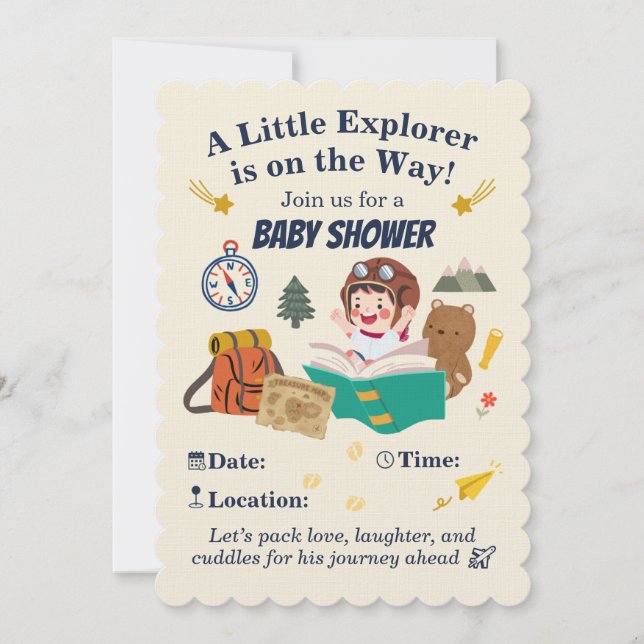 Little Explorer Baby Shower Invitation – Adventure Inbjudningar (Framsida)