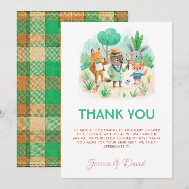 Little Explorer Forest detektiv Boy Baby Shower Tack Kort (Fram/baksida)