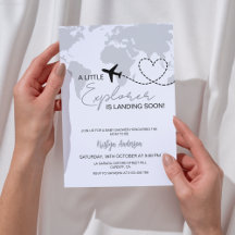 Little Explorer landar snart Grått Baby Shower