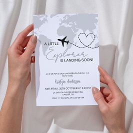 Little Explorer landar snart Grått Baby Shower Inbjudningar