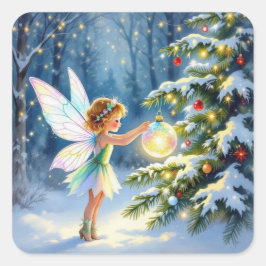 Little Fairy Decorating Christmas Trees Fyrkantigt Klistermärke
