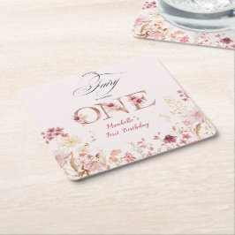 Little Fairy Floral Garden First Birthday  Underlägg Papper Kvadrat