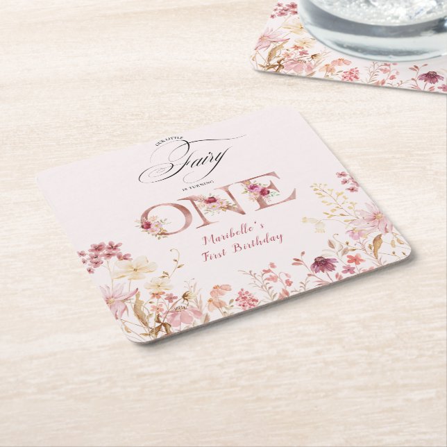 Little Fairy Floral Garden First Birthday  Underlägg Papper Kvadrat (Vinklad)