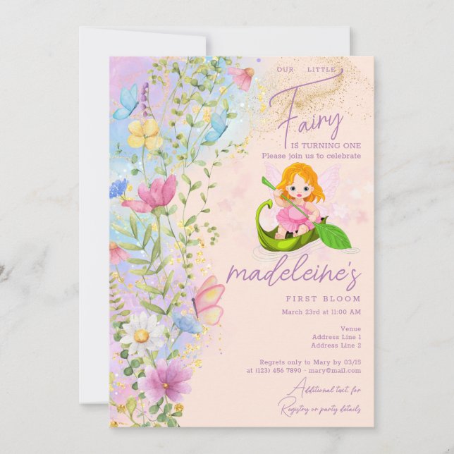 Little Fairy Wildblomme Magic Girl 1st Birthday Inbjudningar (Framsida)