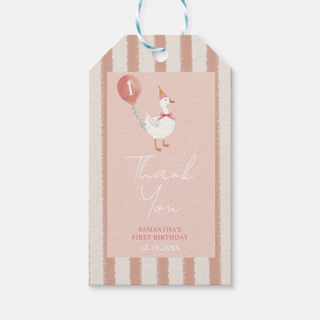 Little Fånig Goose Rosa Balloon Birthday Tack Presentetikett (Framsidan)