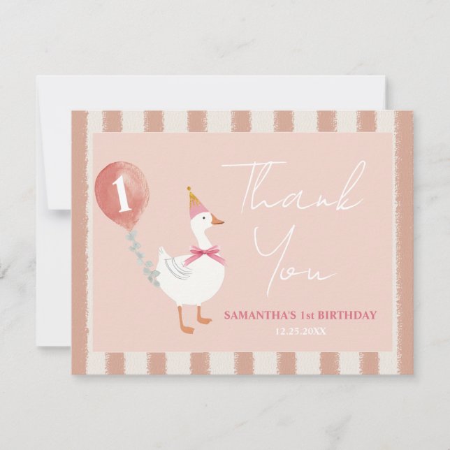 Little Fånig Goose Rosa Balloon Girl 1st Birthday Tack Kort (Framsida)
