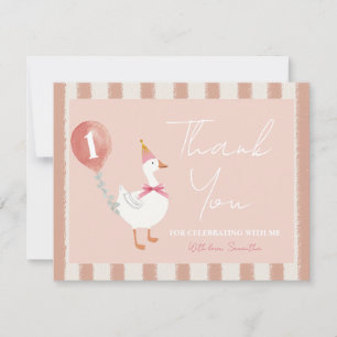 Little Fånig Goose Rosa Balloon Girl 1st Birthday Tack Kort