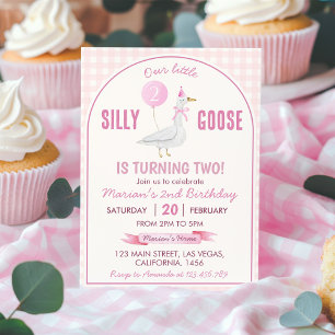 Little Fånig Goose Rosa Gingham Girl Birthday Inbjudningar