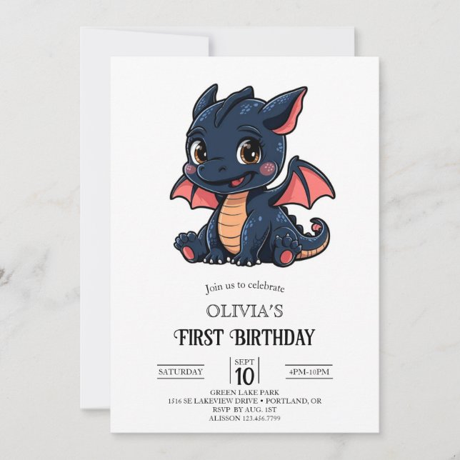 Little Fantasy Digital Dragon 1st Birthday Inbjudningar (Framsida)