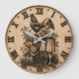 Little Farm Girl & Rooster Rustic Farmhouse Stor Klocka