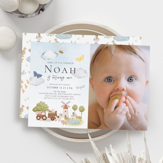 Little Farmer Boskap 1:a födelsedagsfoto Inbjudningar (Skapare uppladdad)