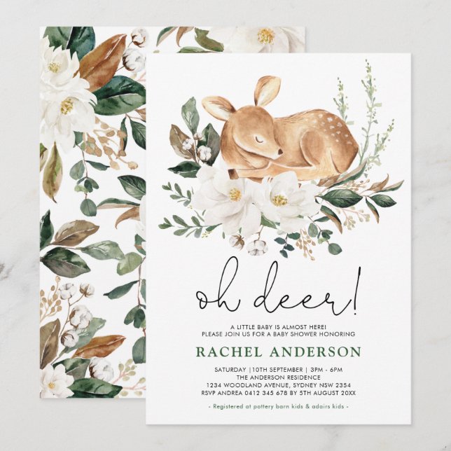 Little Fawn | Forest Hjort White Blommigt Baby Sho Inbjudningar (Fram/baksida)
