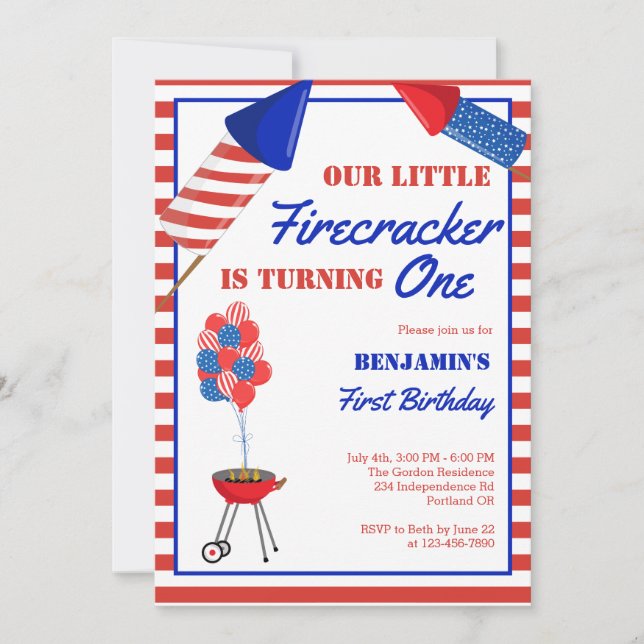 Little Firecracker 1:a födelsedagen 4:e juli USA Inbjudningar (Framsida)