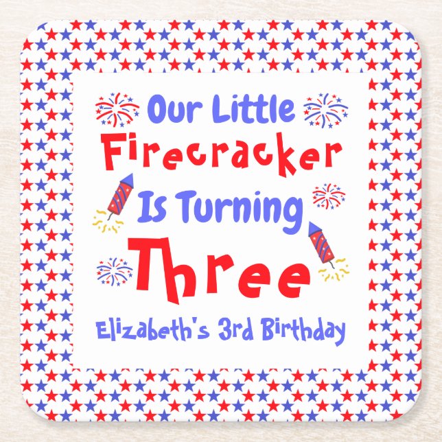Little Firecracker 3rd Birthday Underlägg Papper Kvadrat (Framsidan)
