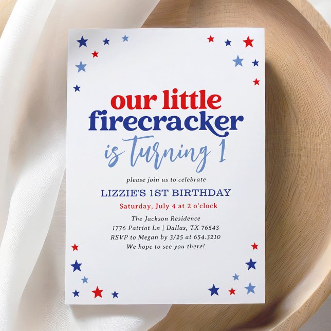 Little Firecracker 4:e juli 1:a födelsedagen Inbjudningar (Skapare uppladdad)