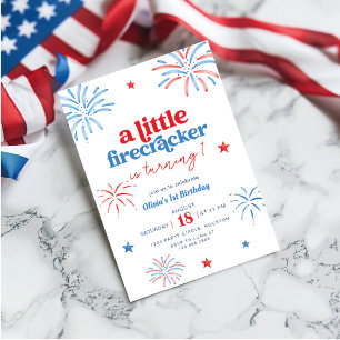 Little Firecracker 4:e juli 1:a födelsedagen Inbjudningar