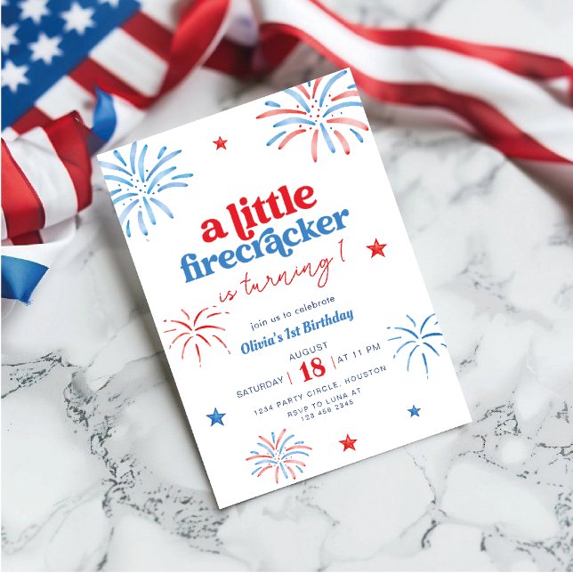 Little Firecracker 4:e juli 1:a födelsedagen Inbjudningar (Skapare uppladdad)