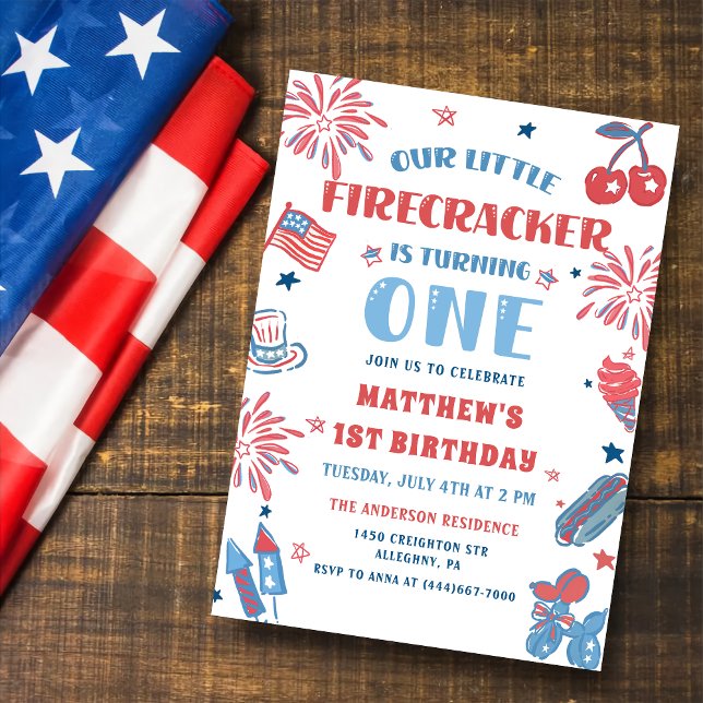 Little Firecracker 4:e juli 1:a födelsedagen Inbjudningar (Skapare uppladdad)