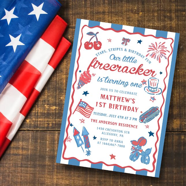 Little Firecracker 4:e juli 1:a födelsedagen Inbjudningar (Skapare uppladdad)