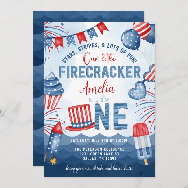 Little Firecracker 4:e juli 1:a födelsedagen Party Inbjudningar (Fram/baksida)